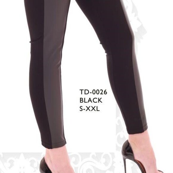 TRÏBE Tummy Control Solid Black Leggings With Faux Leather Size Medium NWT - Picture 4 of 4